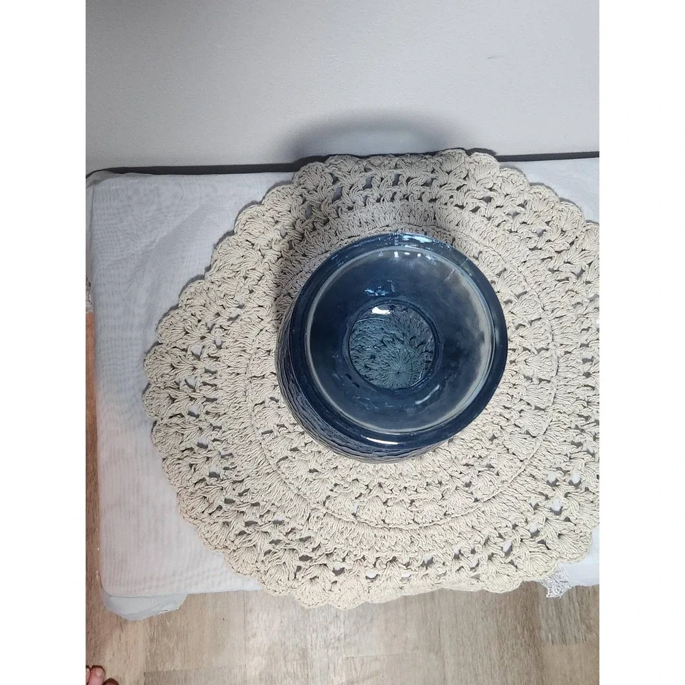 Blue Recycled Glass Vase Hammered Texture Round Bulbous Floral Decor 7.5 inch